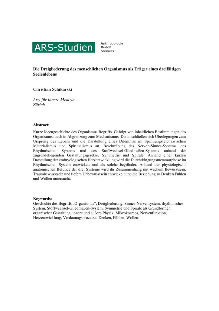 thumbnail of Die Dreigliederung des menschlichen Organismus als Träger eines dreifältigen Seelenlebens